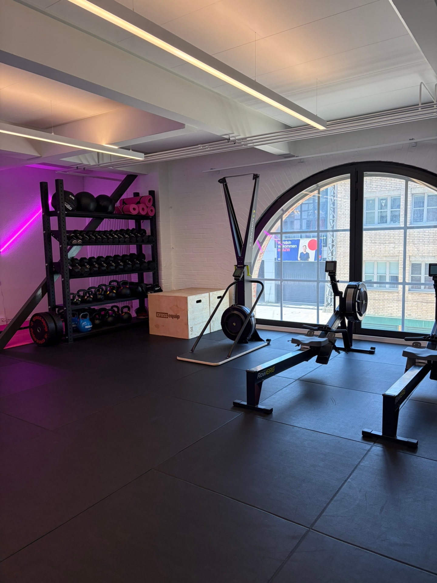 Trainingsfläche mit Hantel- und Kettlebell-Rack, Rudergeräten und Bogenfenster im Sulzer-Quartier
